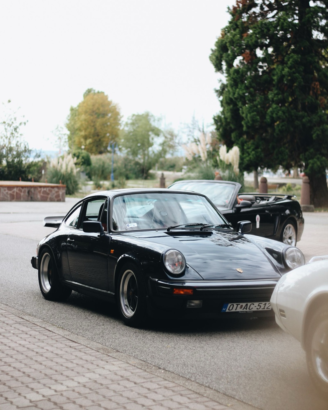Black classic Porsche 911 on a tree-lined street
